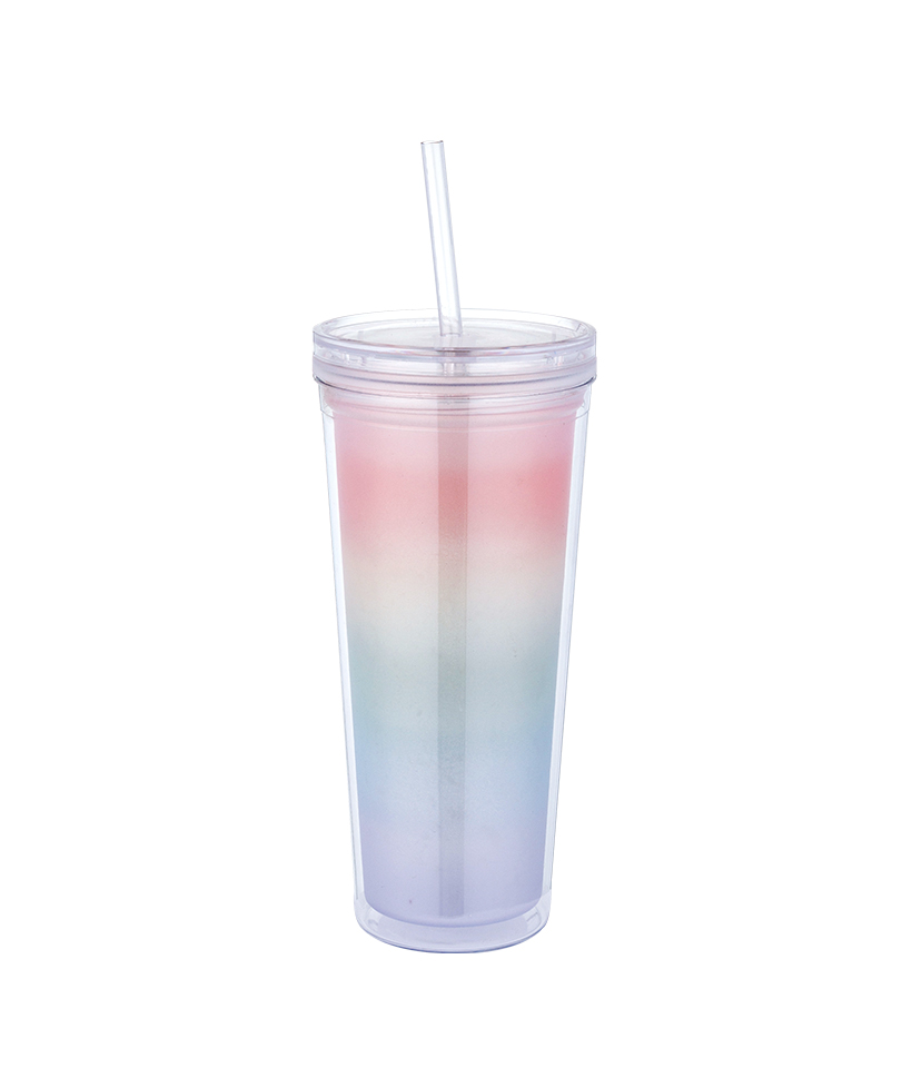 Taza de café con hielo Tritan que cambia de color del arco iris transparente con tapa en espiral de 650 ml