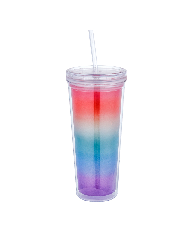 Taza de café con hielo Tritan que cambia de color del arco iris transparente con tapa en espiral de 650 ml