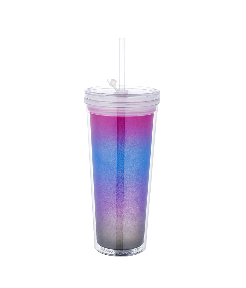 Taza de café con hielo Tritan que cambia de color del arco iris transparente con tapa en espiral de 650 ml